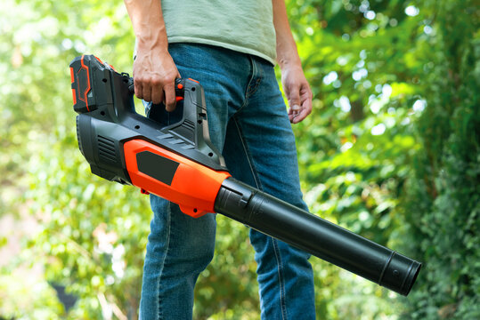 Cordless Leaf Blowers. handheld, cordless, electric leaf blower in a garden, selective focus. Autumn, fall gardening works in a backyard, on a lawn, grass. Garden works.	