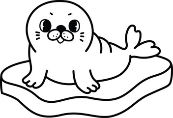 Naklejka premium Bold line drawing cute baby seal laying on ice floe with editable stroke thickness for coloring page for kids. Vector illustration.