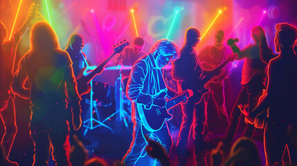 vibrant neon silhouettes of a dynamic band performing at a colorful music festival with a lively crowd