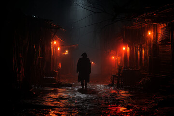 Fototapeta premium A Shadowy Figure With Glowing Red Eyes Lurking In A Dark Alley