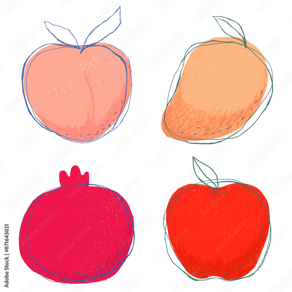 Wall mural Cute doodle art fruits png sticker set