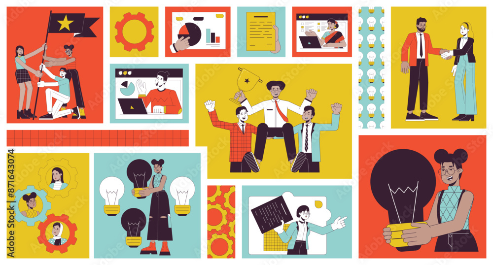 Aufkleber team work diversity bento grid illustration set. office job 2d vector image collage design graphics 