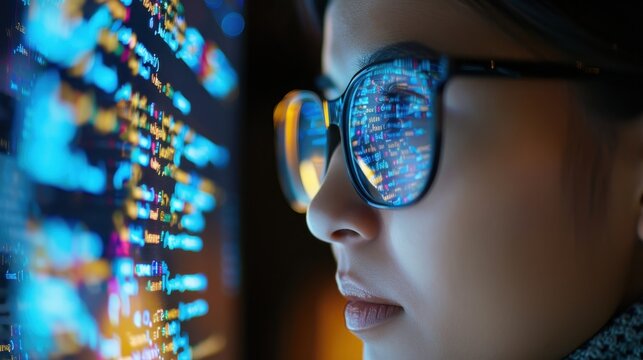 Woman with dark hair, glasses, looking at computer screen. Code reflected