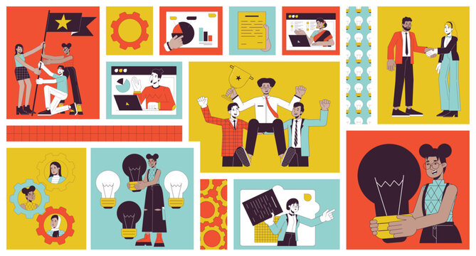 Team work diversity bento grid illustration set. Office job 2D vector image collage design graphics collection. Collaboration teamwork. Multicultural colleagues flat characters moodboard layout
