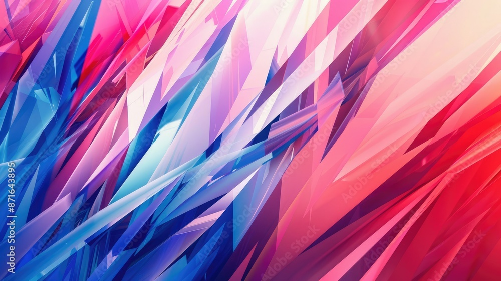 Poster a visual composition of dynamic geometric shapes in vibrant red and blue tones, creating a modern an