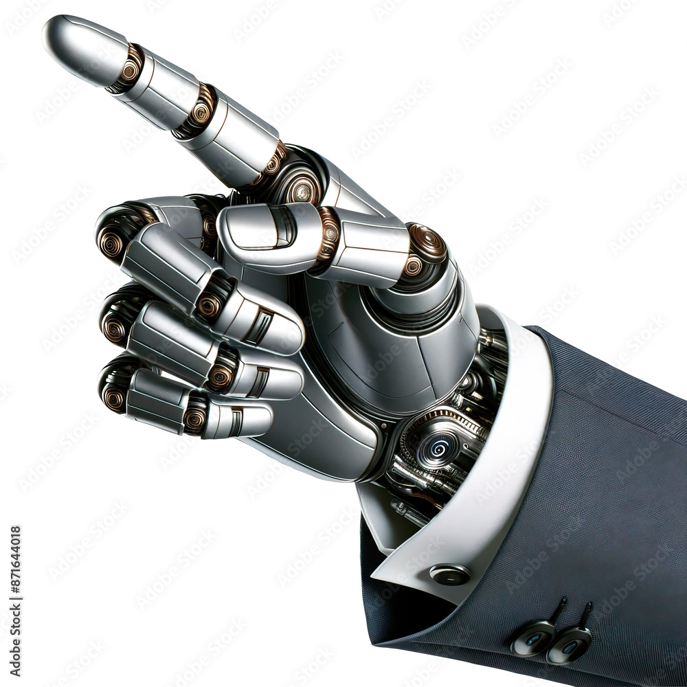 Poster a robot hand in a business suit with an outstretched left index finger on a transparent background