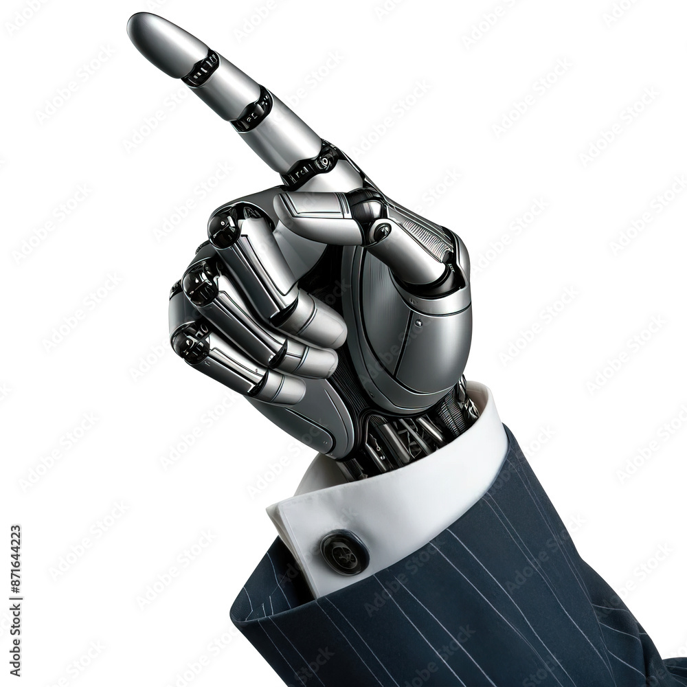 Poster a robot hand in a business suit with an index finger extended up and to the left on a transparent ba