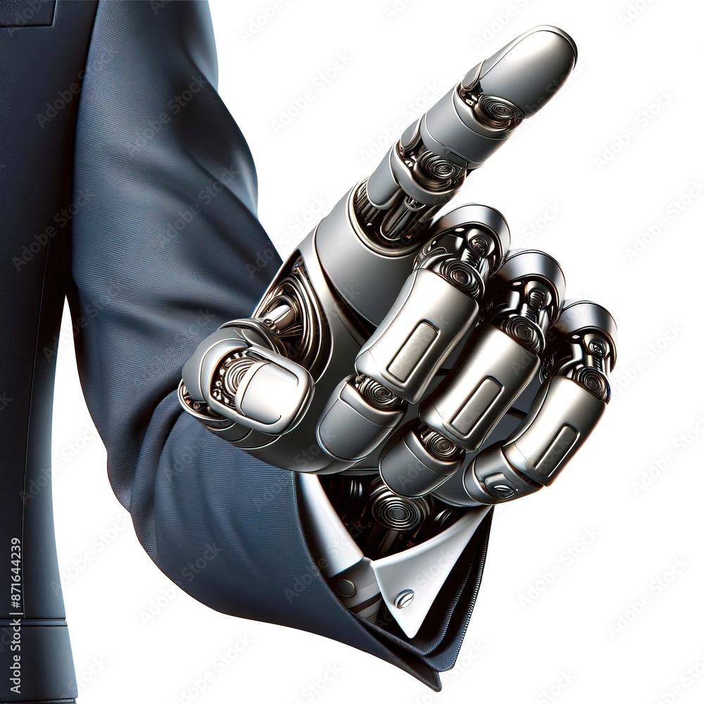 Poster a robot hand in a business suit with an outstretched index finger trying to press something, on a tr