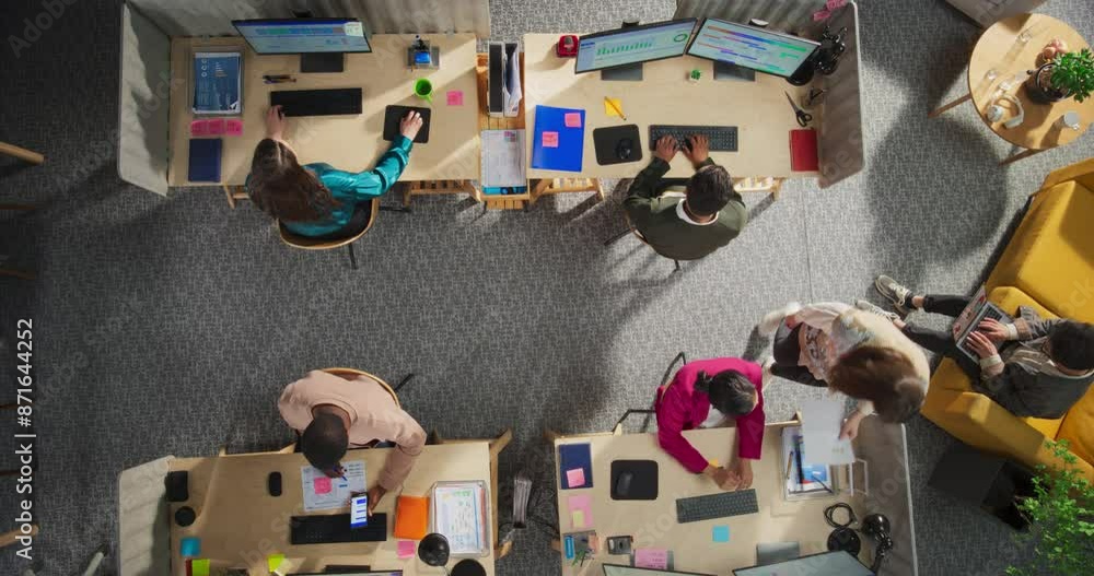 Poster Top Down View: Diverse Team of Professionals Working in a Corporate Office. Managers And Specialists Analyze Data, Work on Digital Projects, and Use Desktop Computers. Creative Workspace Environment