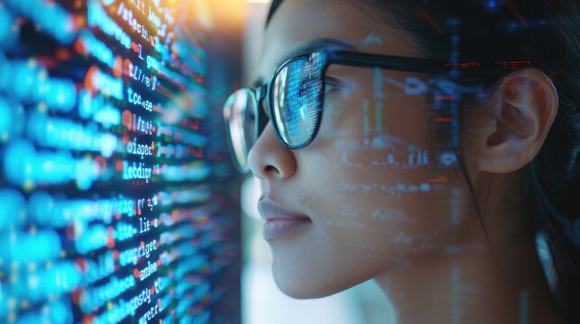 Woman looking intently at computer code on a screen at night