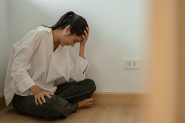 House debt bankrupt stress concept, Depressed Women feeling tired, Sad and unhappy.