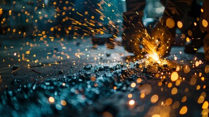 Photo of bright blue and yellow sparks on black background. Magical lig Indian female engineer working with documents.