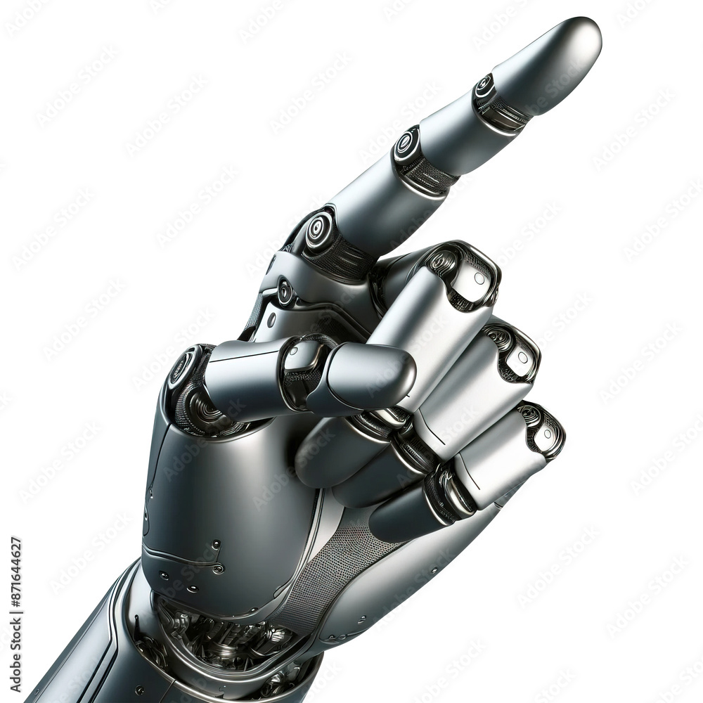 Poster a robot hand with an index finger extended up and to the right on a transparent background