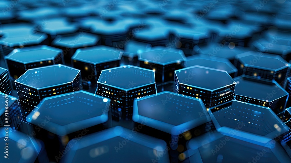 Poster hexagon pattern network technology abstract background, illustrating interconnected digital systems