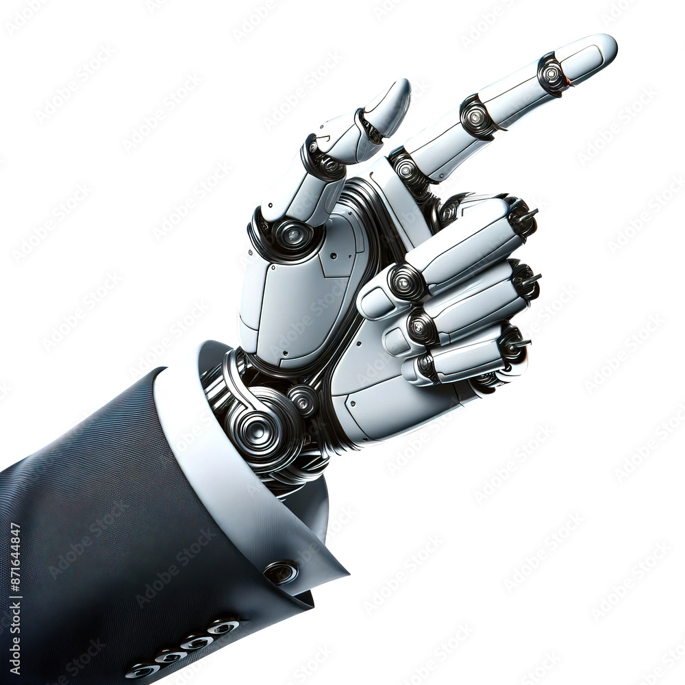 Poster the hand of a technological robot in a business suit with an index finger extended up and to the rig