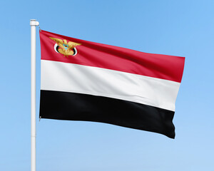 Yemen flag on stick on sky background. Realistic flag illustration