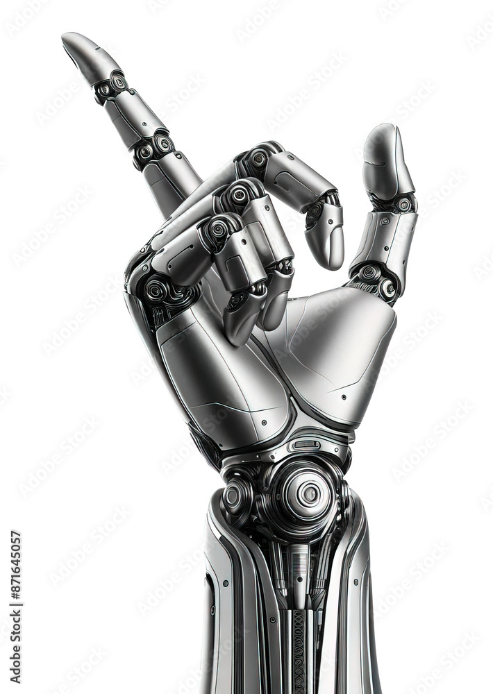 Poster the hand of a technological robot with an index finger extended up and slightly back on a transparen