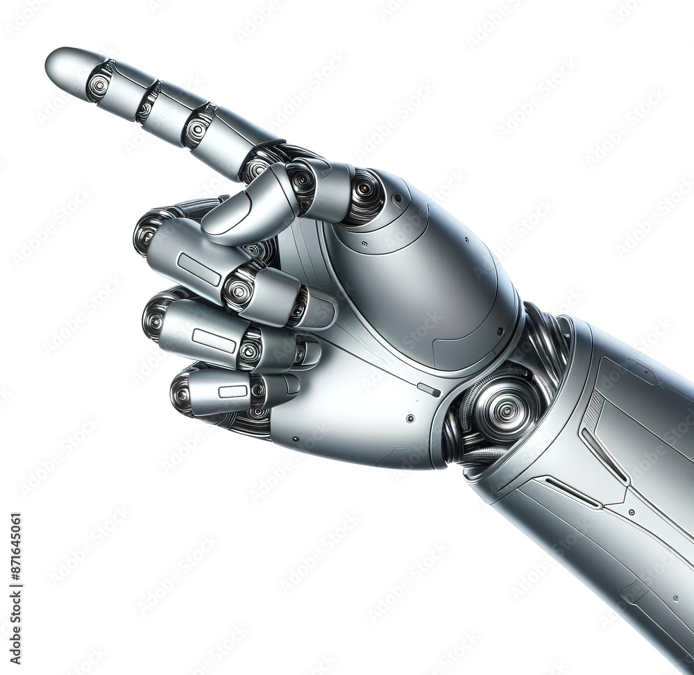Poster a hand of a technological robot with an index finger extended up and to the left on a transparent ba