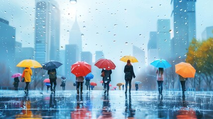 People enjoying a rainy cityscape with colorful umbrellas, ample copy space