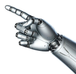 A hand of a technological robot with an index finger extended up and to the left on a transparent background