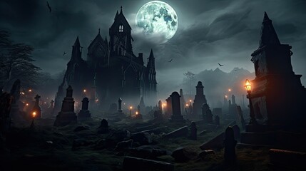 Graveyard cemetery to castle In Spooky scary dark Night full moon