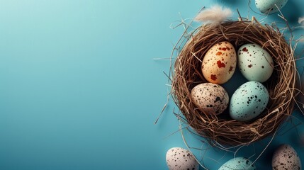 Easter eggs in a nest on a blue background