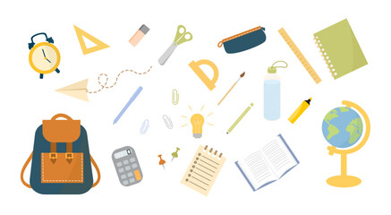 Back to school concept. Set of school supplies, accessories and tools. Stationery, calculator, rulers, pencil, globe and children backpack. Vector flat illustration in hand drawn style.