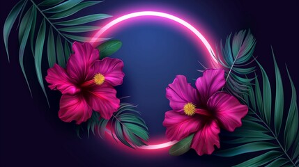 A neon pink flower arrangement with a purple hibiscus in the center. The flowers are surrounded by green leaves and the overall mood of the image is bright and cheerful