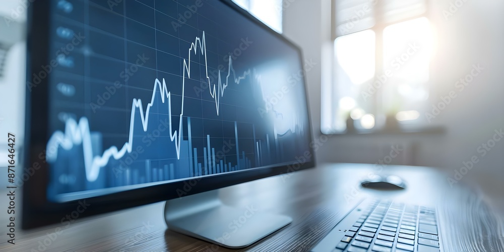 Poster computer screen with line graph showing upward spikes indicating success. concept success metrics, d