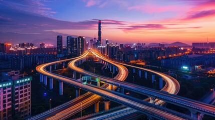 Fototapeta premium Highway interchange at dusk, with a sprawling metropolis aglow in the distance