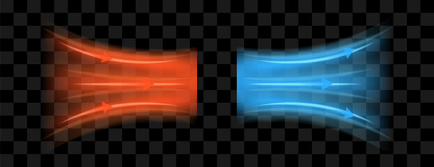 Hot and cold air flow with arrows indicating the direction of air movement on a transparent background. Abstract air light effects to visualize air flow from an air cooler
