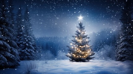Snow covered christmas tree in winter forest with copy space at night