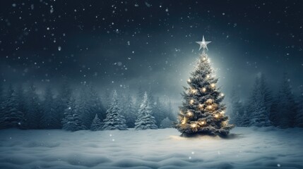 Snow covered christmas tree in winter forest with copy space at night