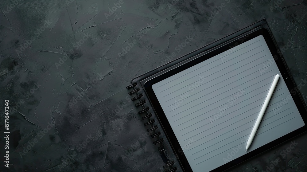 Poster lined notepaper on tablet screen with keyboard and stylus on dark gray table