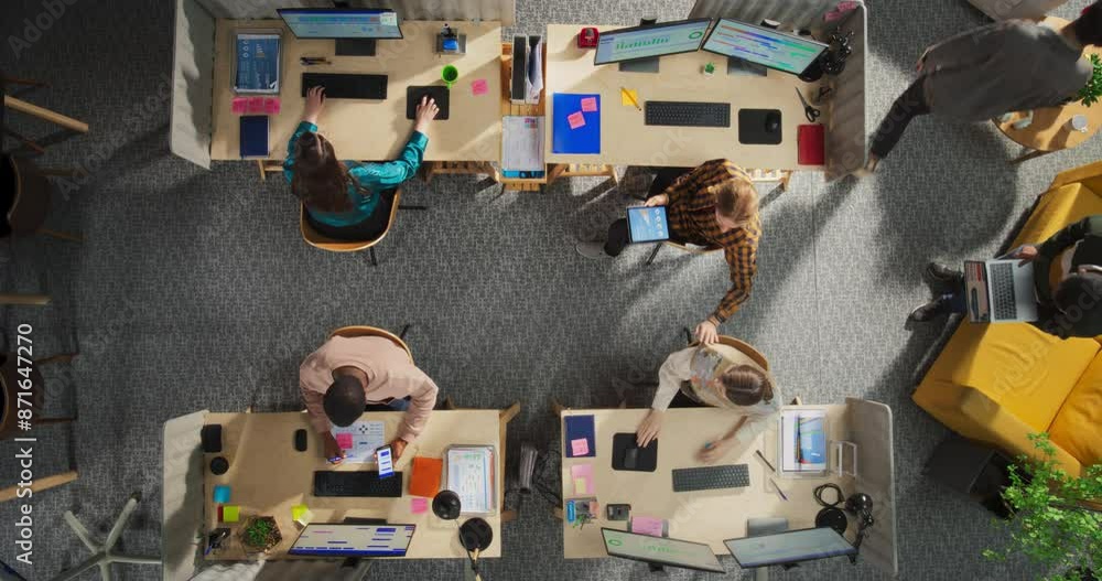 Poster Top Down View: Diverse Business Managers And Analysts Working On Complex Projects In Corporate Office. Young Creative Professionals Using Desktop Computers, Tablets With Financial Data And Sales.