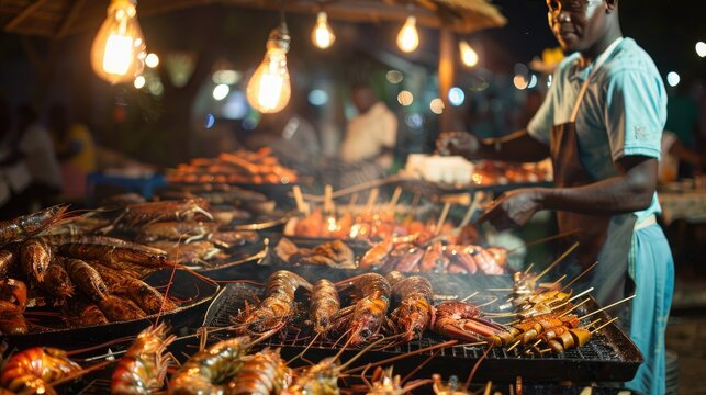 Lantern-lit seafood stalls offering a variety of grilled fish and prawns at Forodhani Gardens, Stone Town