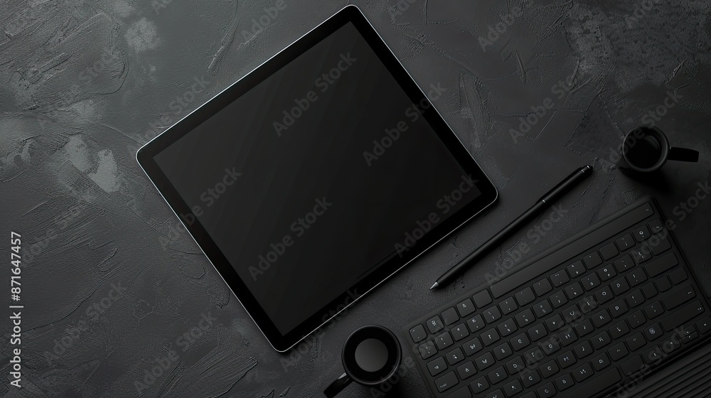 Poster lined notes on tablet screen with keyboard and stylus on dark gray surface