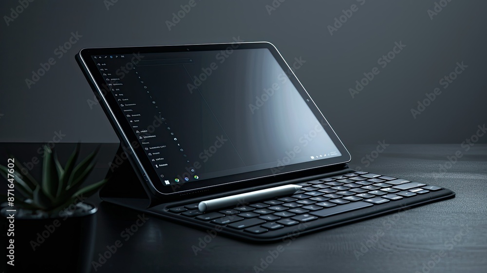Aufkleber lined notes on tablet screen with keyboard and stylus on dark gray surface