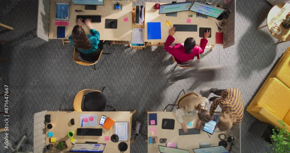 Aufkleber top down view in timelapse: diverse team of managers and specialists working in a creative agency of