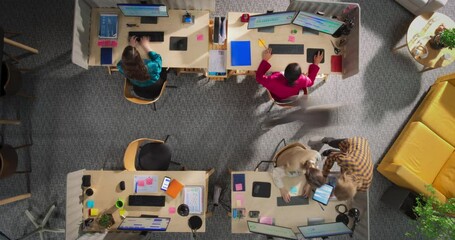 Top Down View in Timelapse: Diverse Team Working in a Creative Office. Busy Corporate Workspace With People Talking, Using Desktop Computers, and Moving Around. Productive Environment Concept.