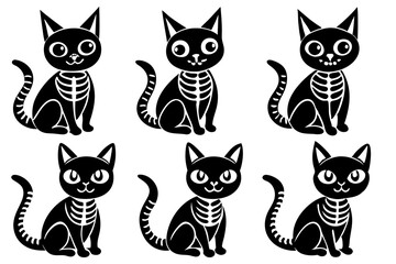 Obraz premiumskeleton cat silhouette vector set, Set of skeleton black cats. Collection of silhouette halloween cats with bones costume