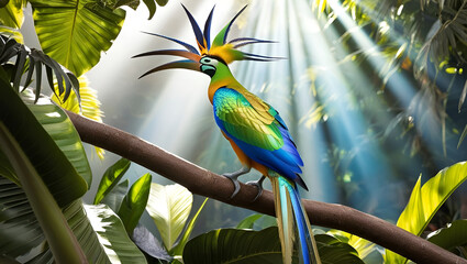 Ai Colorful bird Sits on branch in the forest Ai generated