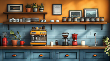Modern cozy kitchen with gas stove, hood and kitchen furniture on a brick wall background. illustration of interior of a modern coffee shop