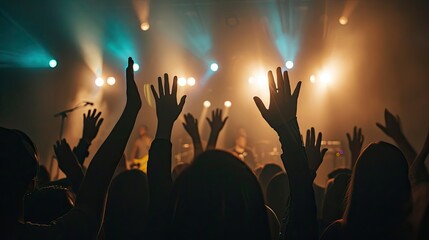 People with hands raised high, illuminated by stage lights at concert