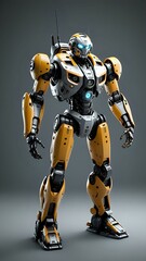 Fototapeta premium Yellow and black robot standing on a grey background.