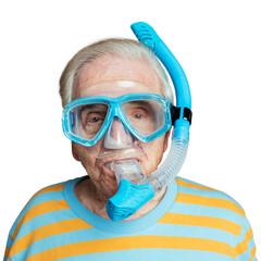 Senior man wearing snorkeling goggles mockup