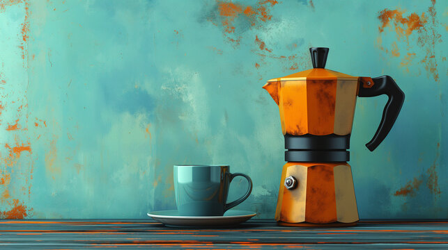 A moka pot  with a coffee mug. Coffee set of Espreso moka pot and cup. Designs of coffee makers concept.