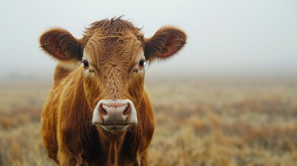 Brown cow in a foggy field
