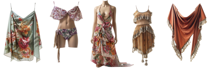Summer Beach Fashion Trio - Floral Bikini, Tasseled Sarong, Flowy Cover-Up Dress | White Background Studio Set