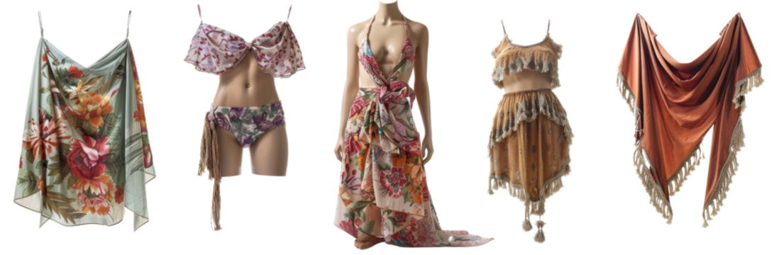 Summer Beach Fashion Trio - Floral Bikini, Tasseled Sarong, Flowy Cover-Up Dress | White Background Studio Set